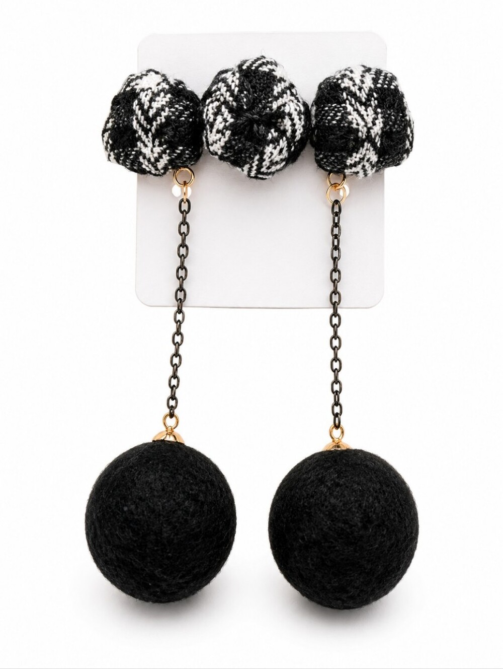 Black Pom Pom Drop Earrings Plaid Bow Chain Dangle Gothic Boho